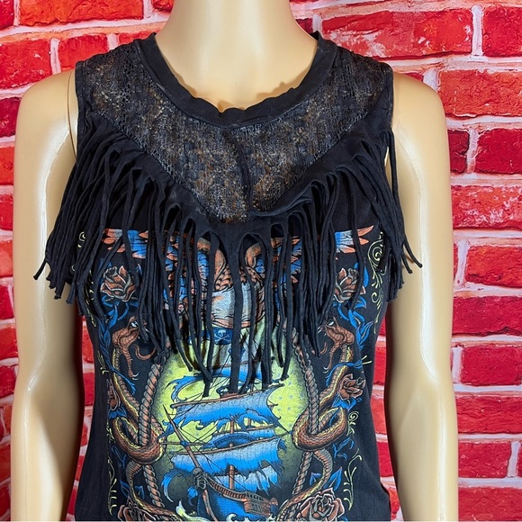 Affliction Black Fringe Short Sleeve Tee - Picture 1 of 6